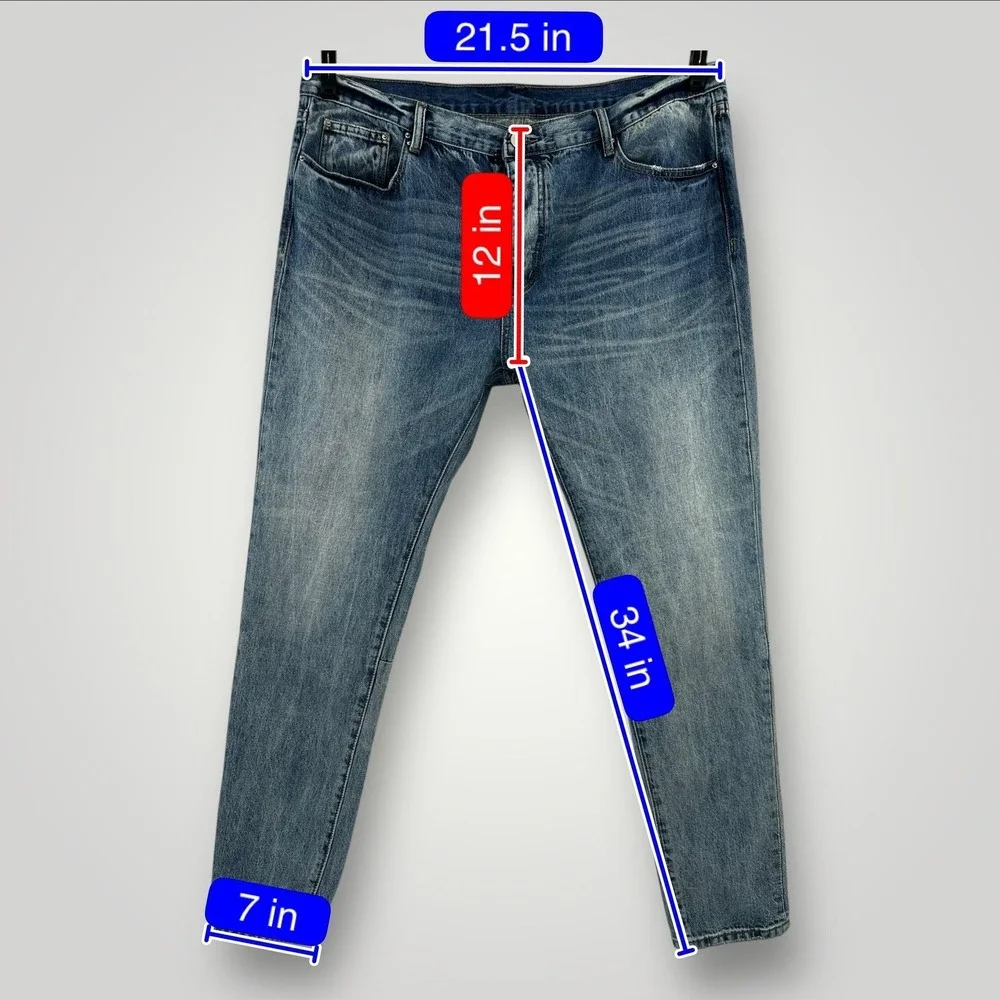 Mnml Jeans Mens 42 (43x34) Blue Medium Wash Tapered‎ Leg Button Fly Faded Denim